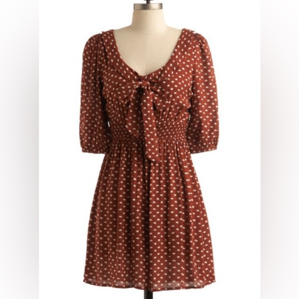 ISO Modcloth Rust/Burnt Orange Dot Dress with puff sleeves and collar sizes S-XL